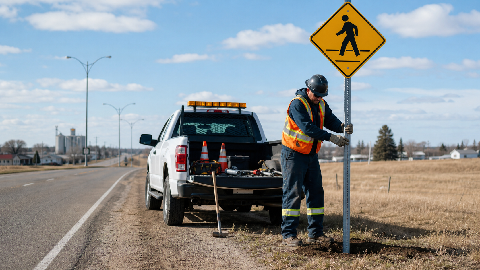 Municipal sign crew installing a roadside sign beside a service truck