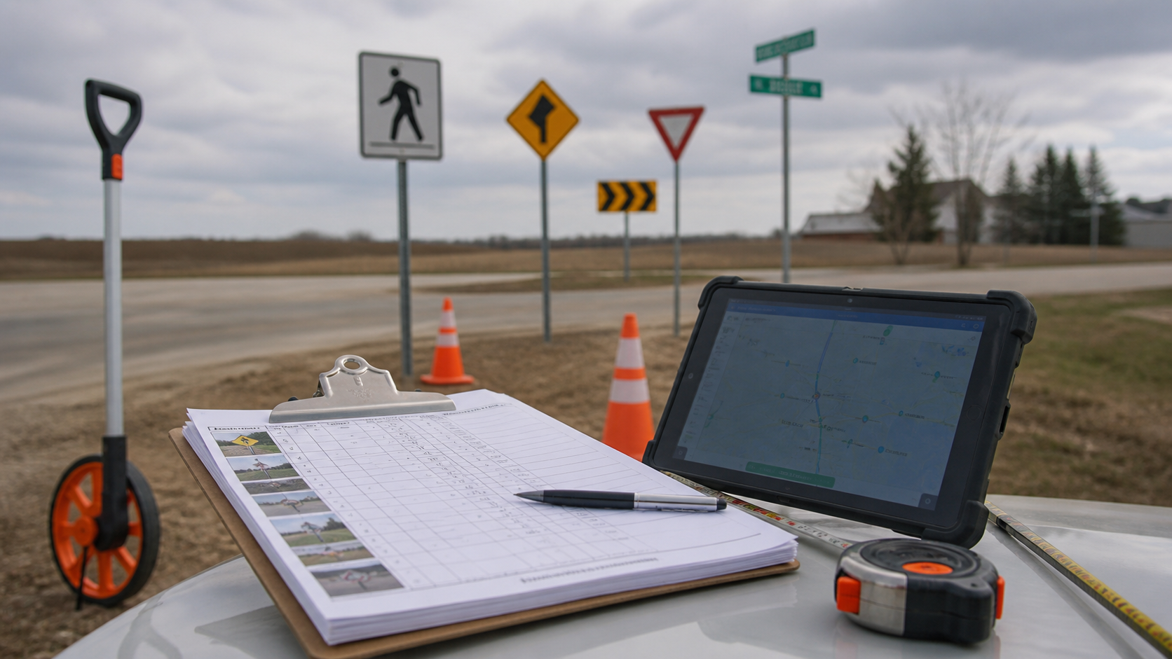 Sign inventory paperwork and tablet map beside rural road signs
