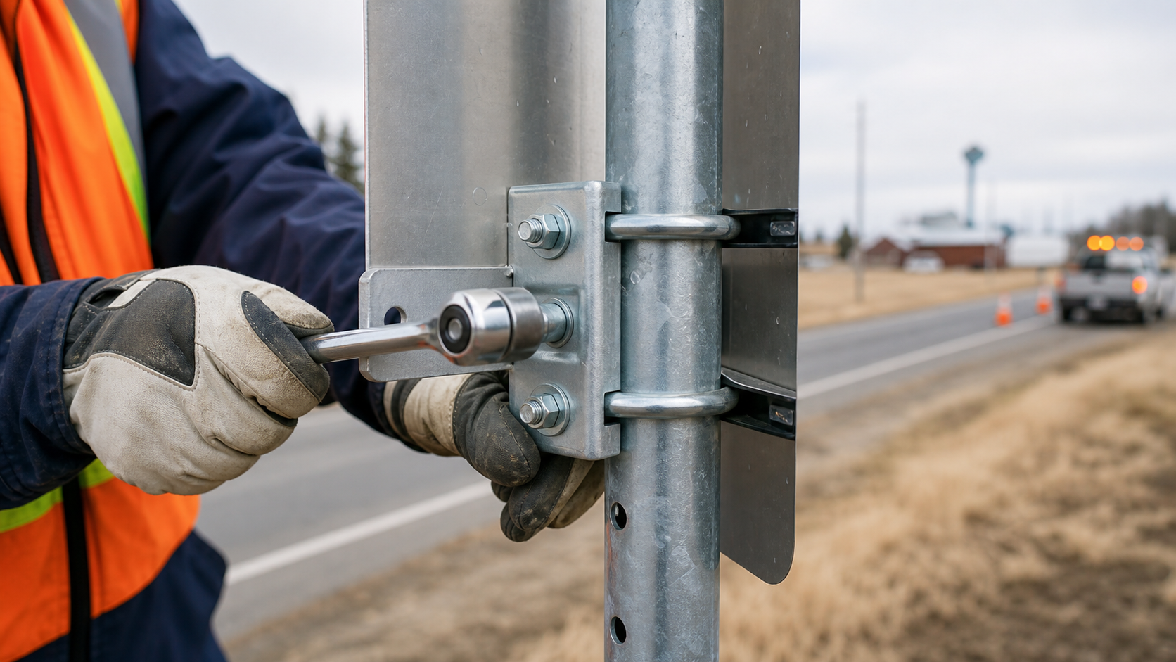 Close-up of sign bracket repair on a galvanized post